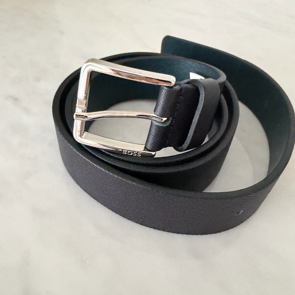 Boss Black Leather Belt with Silver Buckle